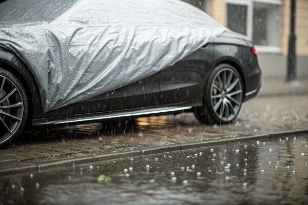Market-leading hail-proof car cover A premium hail-proof car cover on a sedan during a storm