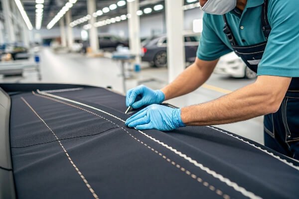 ISO 9001 quality control for car covers A quality control inspector examining a car cover seam at the factory