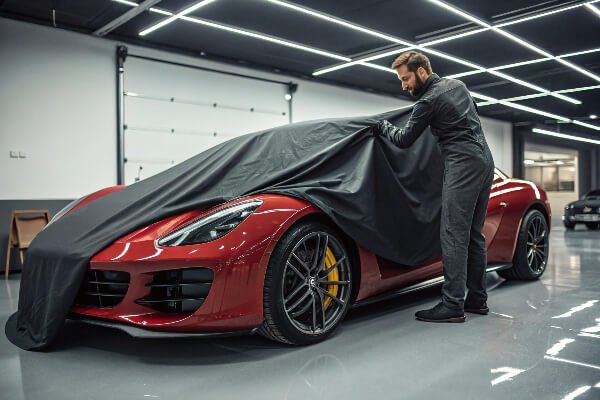 Car cover designed to protect paint A high-end car cover being placed on a luxury car, highlighting the soft interior