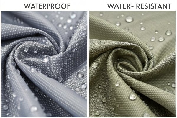 A split image showing water beading on waterproof fabric vs. soaking into water-resistant fabric