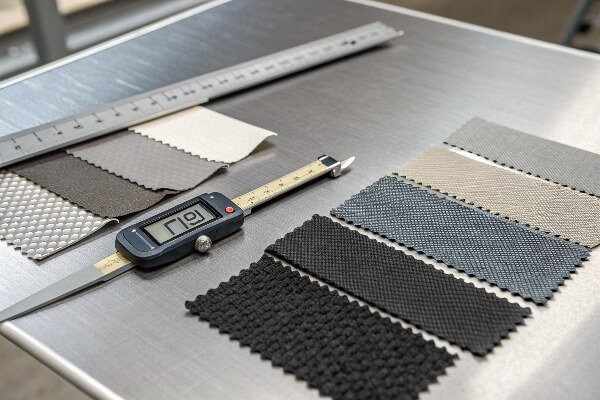 Comparing motorcycle cover material choices Various motorcycle cover fabric swatches laid out on a table