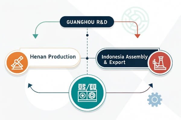 Integrated Three-Location Manufacturing Synergy An infographic showing the flow of R&D, Production, and Shipping between Guangzhou, Henan, and Indonesia