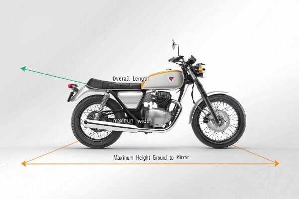 How to measure a motorcycle for a cover A diagram showing the three key measurement points on a motorcycle: length, width, and height