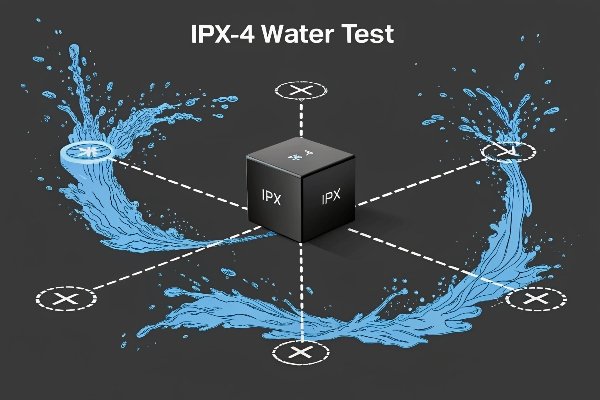 IPX4 water resistance rating test A diagram illustrating the IPX4 water splash test on a product
