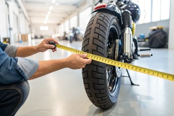 Measuring a motorcycle for a cover A tape measure being used to size a motorcycle for a cover