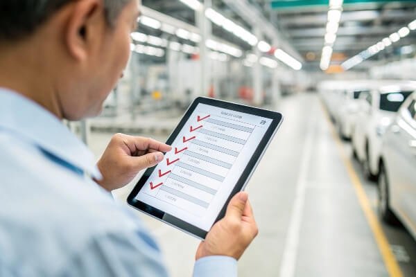 Vetting a car cover manufacturer checklist A checklist being reviewed in a manufacturing facility