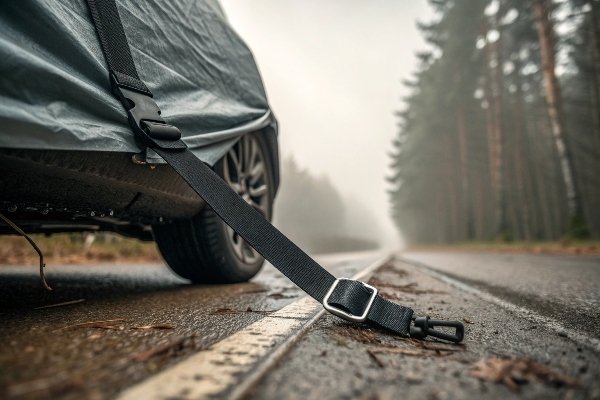 A car cover with reinforced straps and a snug fit, holding firm in windy conditions