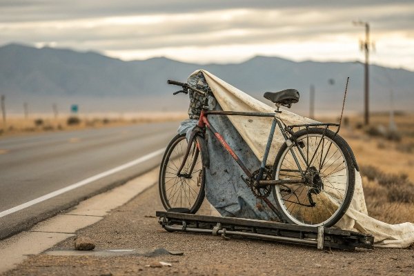 A shredded, torn bike cover flapping uselessly on a bike rack behind a car