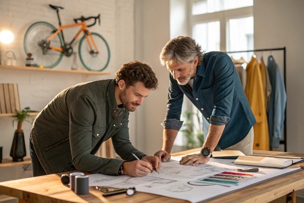 Two people sketching a new bike cover design together, one an engineer and one a brand owner