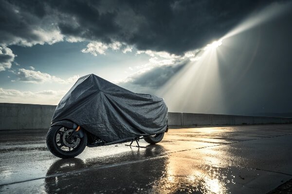Best outdoor motorcycle cover with all-weather protection A high-quality motorcycle cover braving rain and sun in an outdoor setting