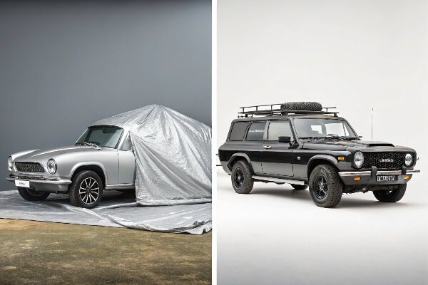 Custom covers for classic cars and SUVs Side-by-side images of a custom cover on a classic car and another on an SUV with a roof rack