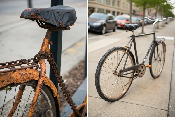 A split image showing a bike with faded paint and a rusty chain next to a pristine bike protected by a high-quality cover