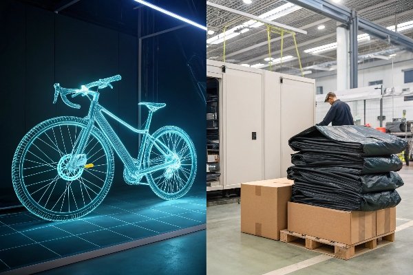 A split-screen image showing a CAD design on the left and a packed box of finished bike covers ready for shipping on the right