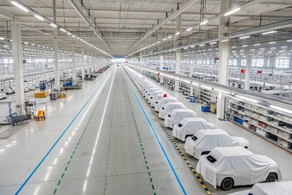 High-capacity car cover factory A large, busy factory floor manufacturing car covers
