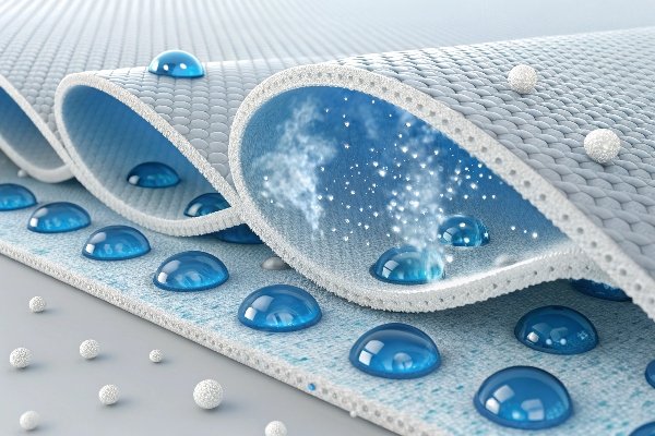 Breathable waterproof membrane technology A microscopic view showing a breathable membrane letting vapor out but blocking water droplets