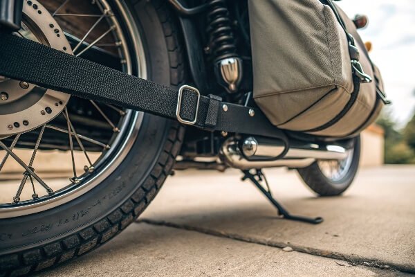 Perfect fit and secure straps on a motorcycle cover A motorcycle cover fitting snugly thanks to its elastic hem and tie-down straps