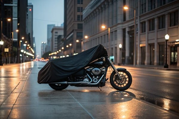 Custom motorcycle cover for a niche market A perfectly fitted custom motorcycle cover on a Harley-Davidson