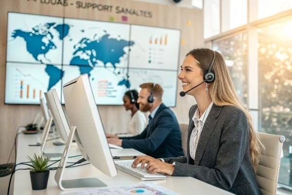 Excellent B2B customer support and communication Customer service team with headsets providing support