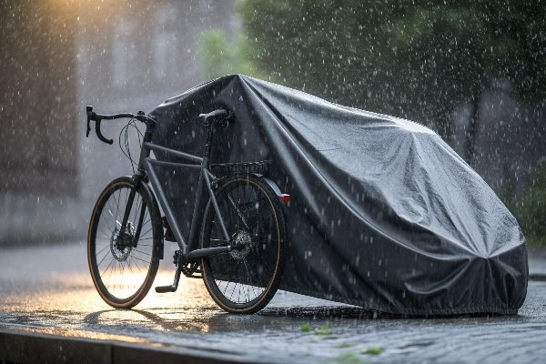 A truly waterproof all-weather bicycle cover A bike under a high-quality cover during a heavy rainstorm, with water beading off the surface
