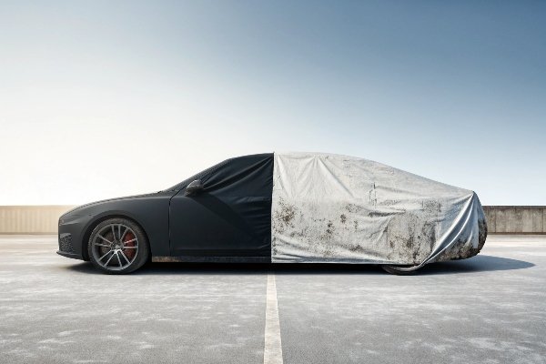 A car cover that is half new and vibrant, and half faded and worn from the sun