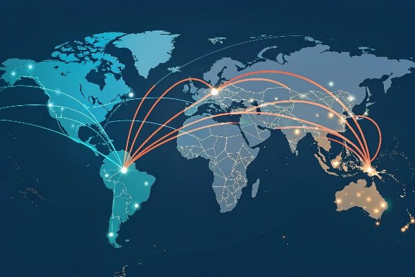 Global Supply Chain De-Risking A world map highlighting supply chain routes from China and Indonesia to the US and EU