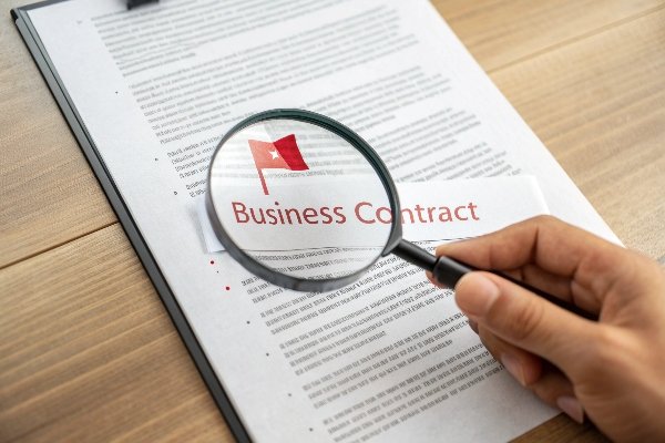 A magnifying glass looking over a contract with red flags marked on it
