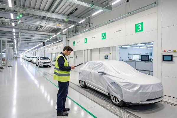 An inspector checking a car cover on a production line with quality charts in the background