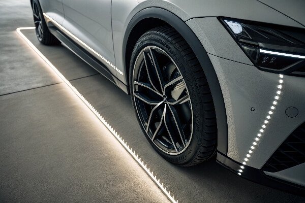 Precision fit of a custom car cover A close-up shot showing the perfect fit of a car cover around a side mirror and antenna