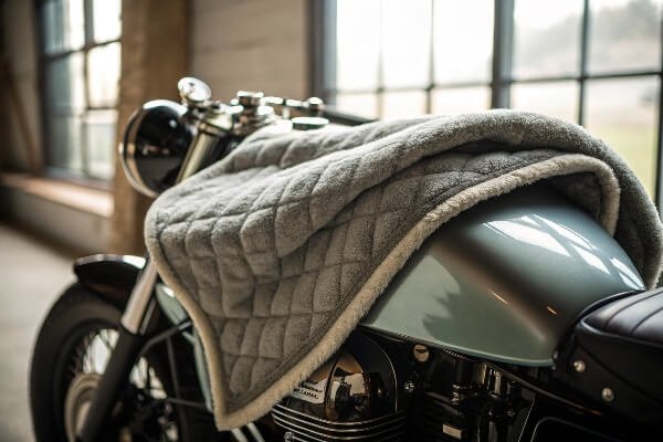 Soft fleece inner lining for winter motorcycle cover A close-up of a soft fleece lining inside a motorcycle cover