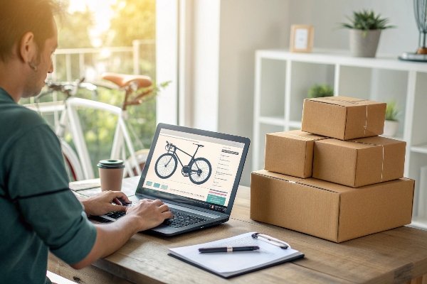 A person at a laptop looking at an e-commerce store with bike covers, with shipping boxes in the background