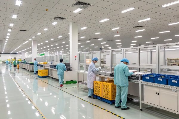 REACH and CPSIA Compliant Manufacturing A clean, compliant factory in Indonesia with workers handling materials