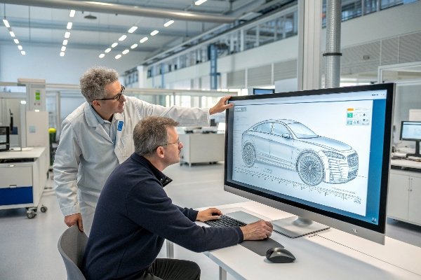 A designer and a factory engineer collaborating over a 3D model on a computer